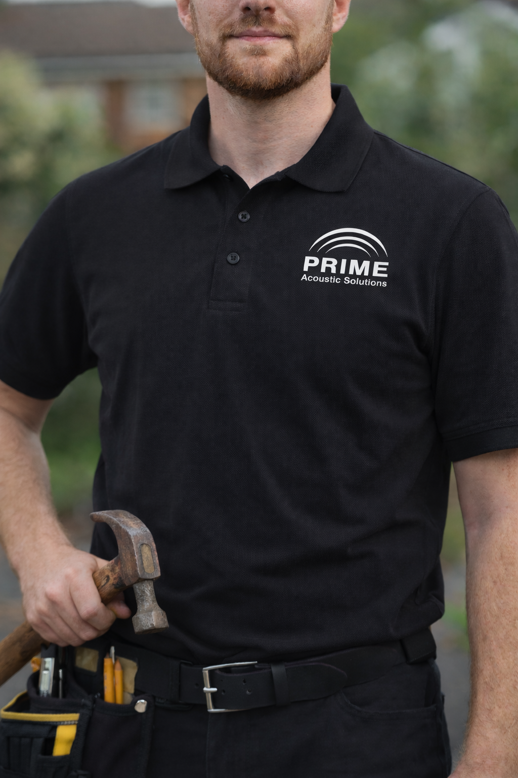 Prime Acoustic Solutions logo applied to branded polo shirt workwear